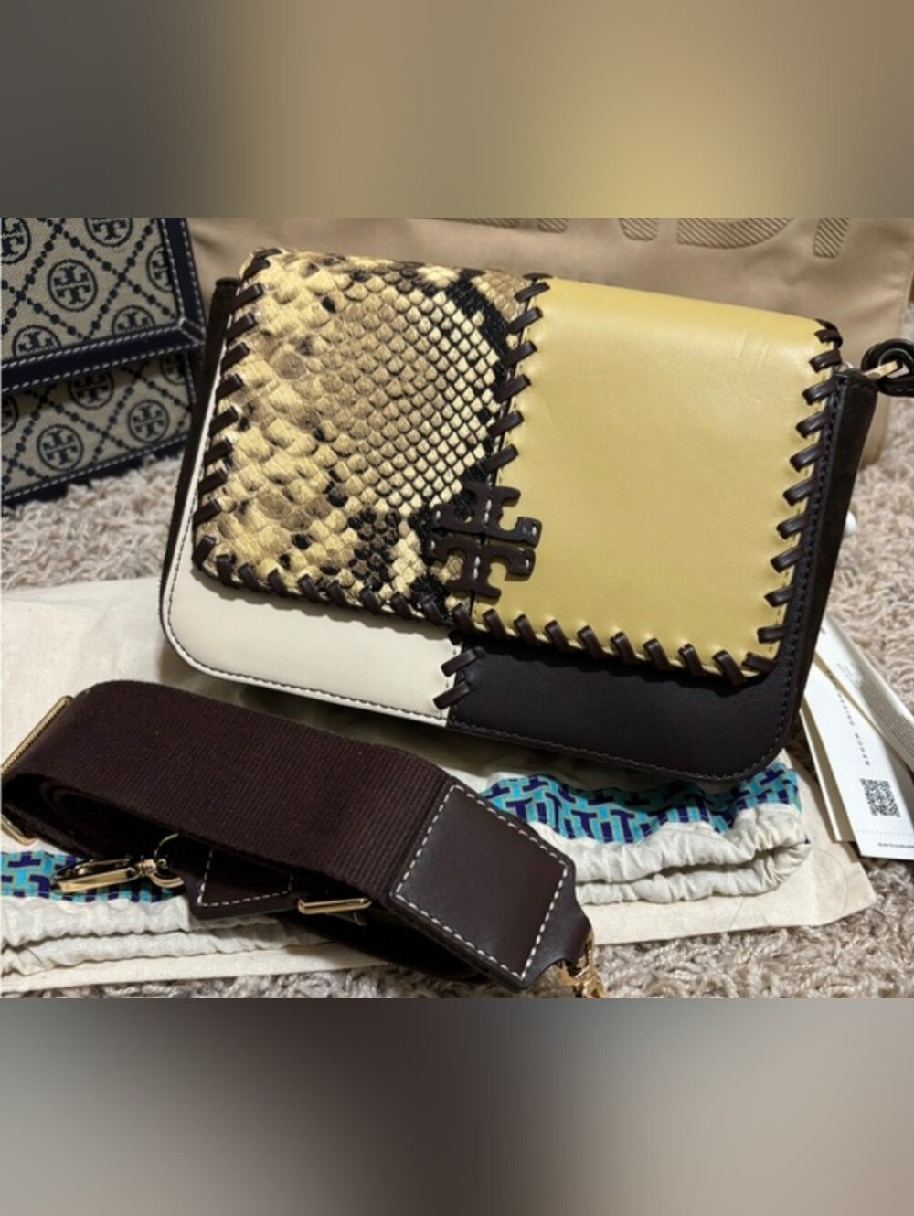 Tory Burch  Thea Patchwork Leather & Snakeskin Yellow, Brown & Cream Crossbody - Picture 5 of 5